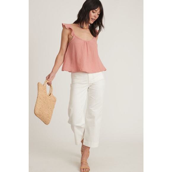 Marine Layer Jude Tank Top Flutter Sleeve Crinkled Cotton Rosette Pink NWY Small - Picture 3 of 8